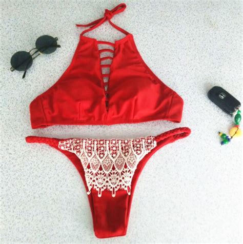 Fashion Red Women Chest Hollow Halter High Neck Lace White Two Piece Bikini On Luulla