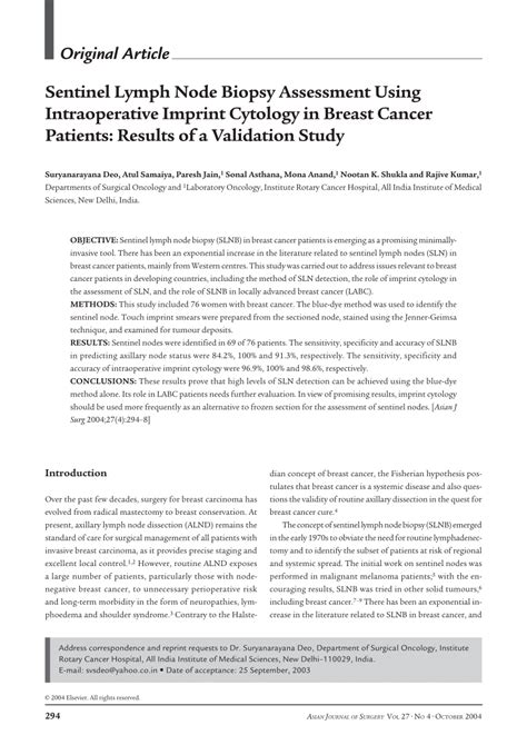 Pdf Sentinel Lymph Node Biopsy Assessment Using Intraoperative Imprint Cytology In Breast