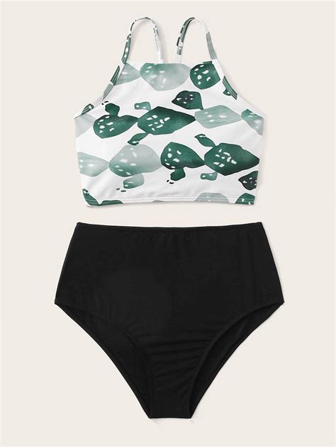 Cactus Print Criss Cross Top With High Waist Bikini Set High Waisted