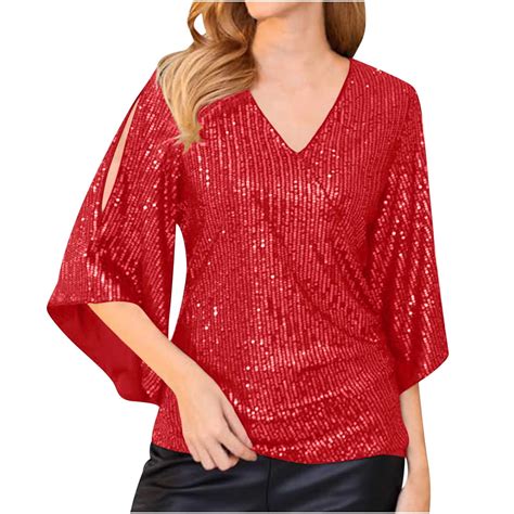 Sequin Tops For Women 3 4 Bell Sleeve V Neck Cut Out Shiny Metallic Sparkly Glitter Party Tops