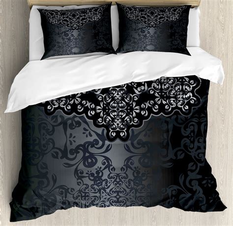 Dark Grey Duvet Cover Set Queen Size Vintage Damask Inspired Ornament