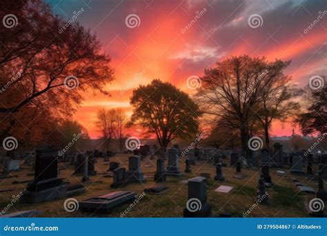 Cemetery At Sunset With The Sky Turning Pink And Orange Stock