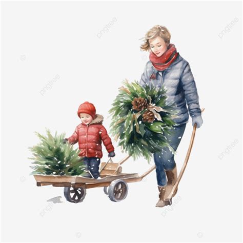 Mamá Lleva Un árbol De Navidad Y Lleva A Un Niño Con Un Trineo