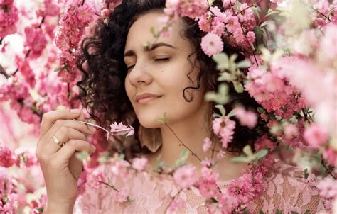 Wallpaper Girl Flowers Branches Spring Petals Garden Sakura Brunette For Mobile And