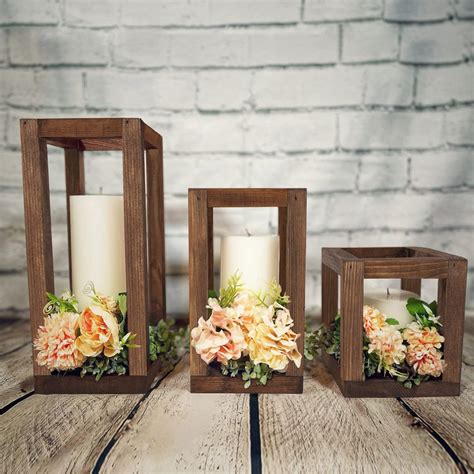 Wooden Candle Lantern Set Of 3 Wedding Lantern Centerpiece For Rustic Decor