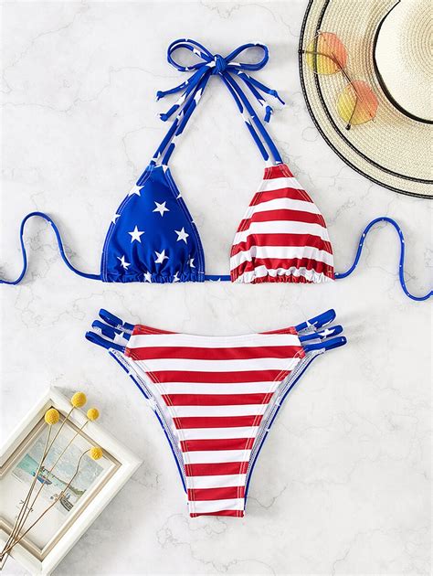 SHEIN Swim Vcay Summer Beach American Flag Print Bikini Set Halter