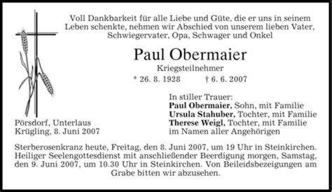 Traueranzeigen Von Paul Obermaier Trauer Merkur De