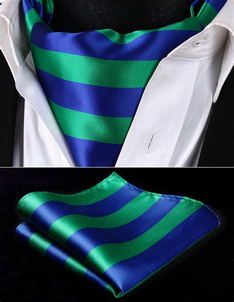 Rs Gs Green Blue Stripe Men Silk Cravat Ascot Tie Handkerchief Set