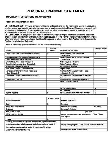 Personal Financial Statement Form Printable