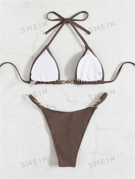 SHEIN Swim Solid Bikini Set Chain Linked Micro Triangle Bra Thong Bottom 2 Piece Bathing Suit