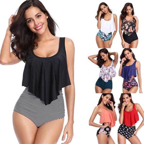 M Mhighwaist Swimsuit Two Piece Bikini Swimsuit Backless Halter Printed Swimwear For Women