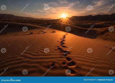 Footprints in the Sand in the Desert during Sunset. Neural Network AI Generated Stock Image ...