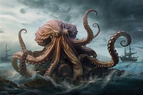 Premium Photo Octopus Kraken Monster Rising From The Depths With Its