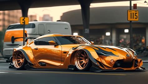 Premium Photo | A gold toyota supra with a black and orange paint job.