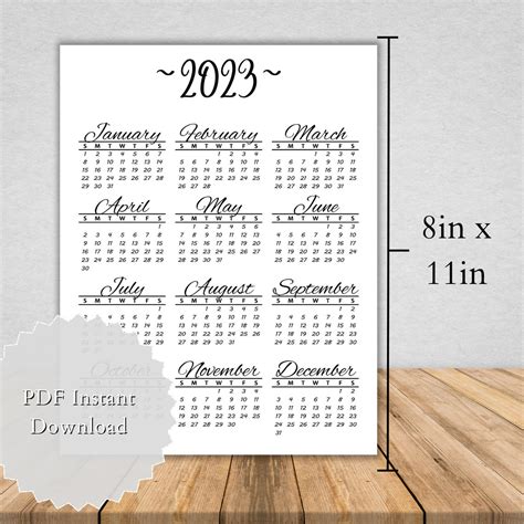 2023 Yearly Printable Calendar Portrait Yearly Calendar 2023 8x11