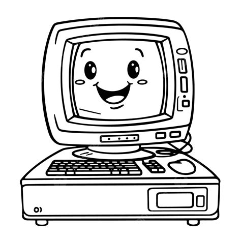 Dibujo De Computadora Sonriente Con Una Pantalla Para Colorear Esquema Página Vector Png