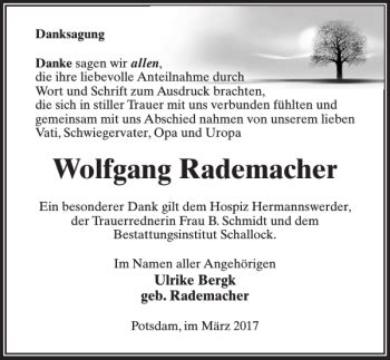 Traueranzeigen Von Wolfgang Rademacher Trauer Anzeigen De