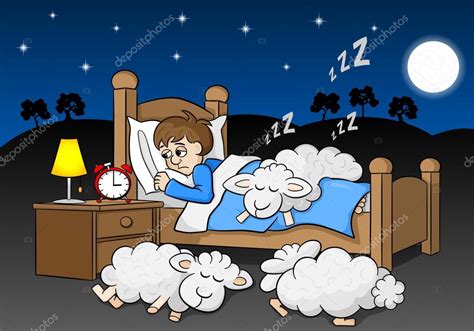 Sheep Fall Asleep On The Bed Of A Sleepless Man Stock Vector