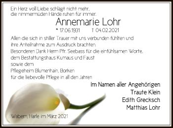 Traueranzeigen Von Annemarie Lohr Trauer Hna De