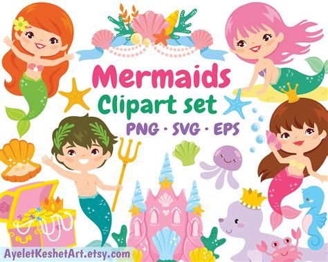 Mermaids Clipart Bundle Cute Mermaids And Mermen In A Magical Sea