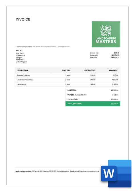 Free Professional Landscaping Invoice Templates In Word Billdu