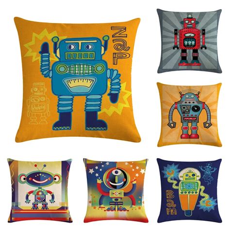 4545cm Cartoon Robot Pattern Cotton Linen Throw Pillow Cushion Cover