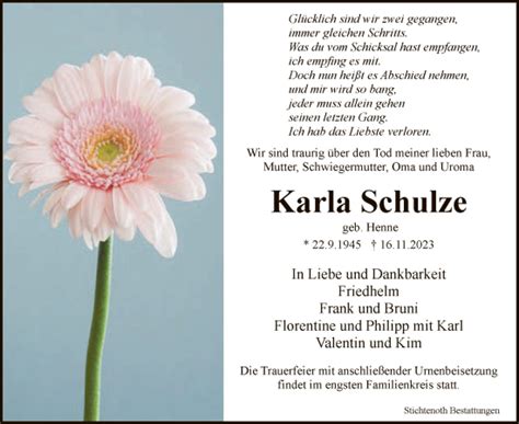 Traueranzeigen Von Karla Schulze Trauer Hna De