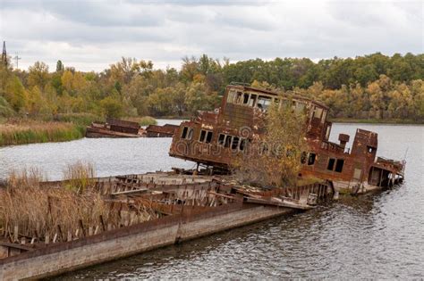 Abandoned and Sunken Ship at the Chernobyl Port in Chernobyl Stock ...