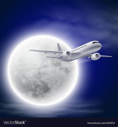 Airplane in the night sky with moon Royalty Free Vector