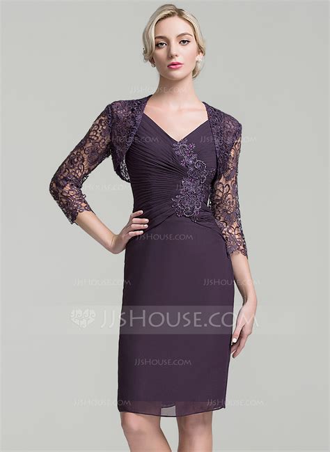 Sheath Column V Neck Knee Length Chiffon Mother Of The Bride Dress With