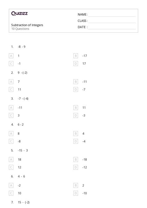 Subtraction And Patterns Of One Less Worksheets For Th Class On