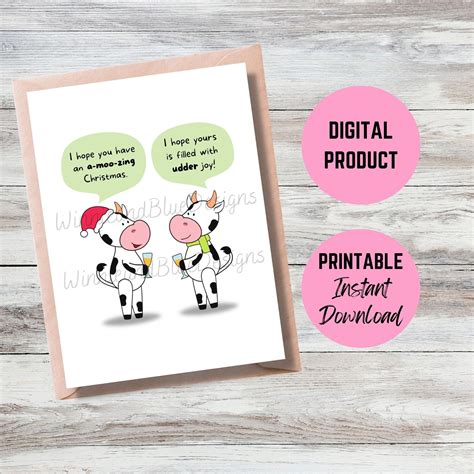 Printable Cow Christmas Card funny Cow Pun Christmas Card Udderly ...