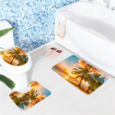 3pcs Bathroom Mat Set Beach Palm Trees Sunrise Pattern Bath Mat Anti