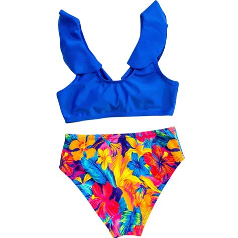 Huowey Baby Girls Swimwear Swimsuits Piece Floral Print Ruffled Bikini Sets Swimsuit Blue