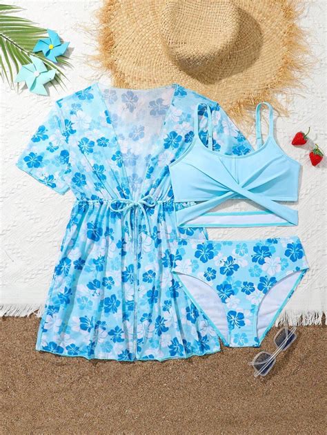 SHEIN Tween Girls Swimwear Set Cute Printed Two Piece Bikini Swimwear Beach Holiday Swimwear