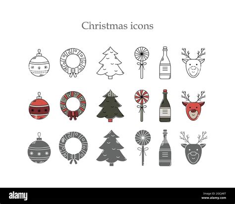 Vector Set Of Christmas Icons In Three Styles Line Art Simple Style