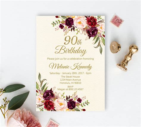 90th Birthday Invitation Floral Women Birthday Invitation Gold Etsy