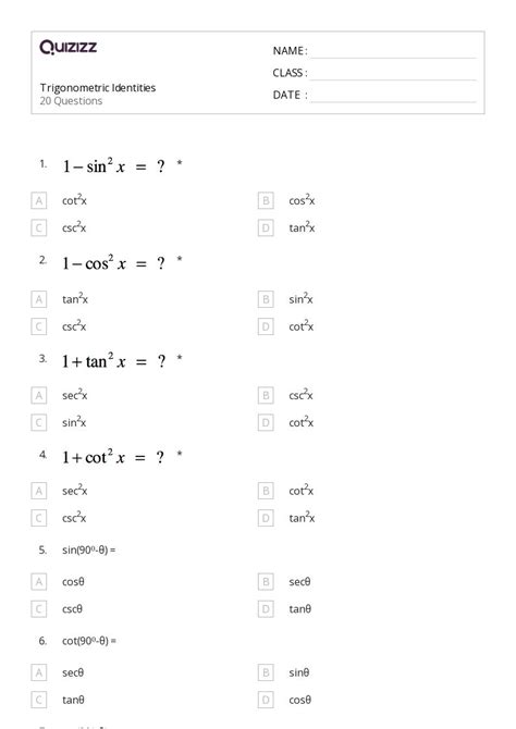 50 Trigonometric Identities Worksheets For 10th Class On Quizizz