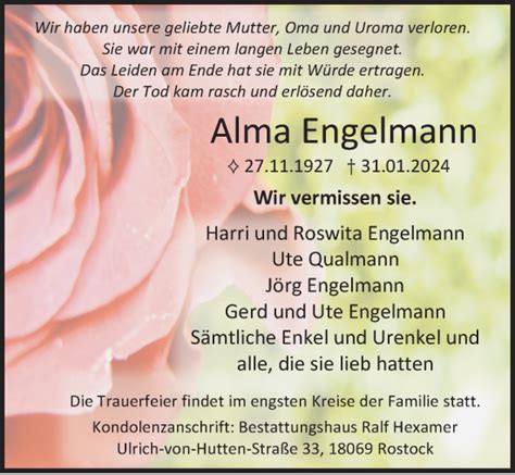 Traueranzeigen Von Alma Engelmann Trauer Anzeigen De