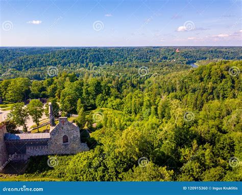 Aerial View On Beautiful Famous New Castle In Sigulda Latvia Editorial