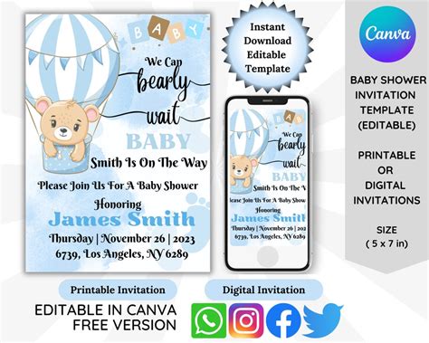 Cute Teddy Bear Hot Air Balloon Baby Shower Invitation Templates Blue Editable Digital Baby