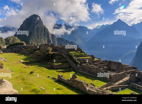 Panoramic view over Machu Picchu, the old inca city temple Stock Photo ...