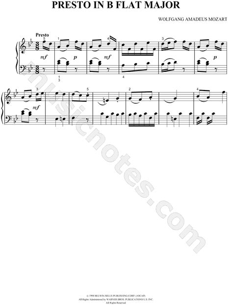 Wolfgang Amadeus Mozart "Presto In B Flat Major" Sheet Music (Piano ...