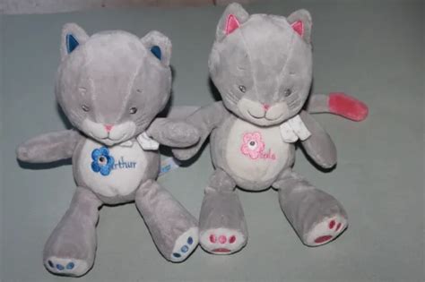 Doudou Peluche Arthur Et Lola Bebisol Chat Gris Rose Et Bleu Lot Neuf