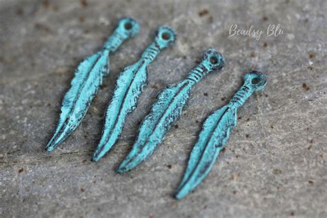 Mykonos Feather Charm Turquoise Patina Greek Cast Metal Etsy