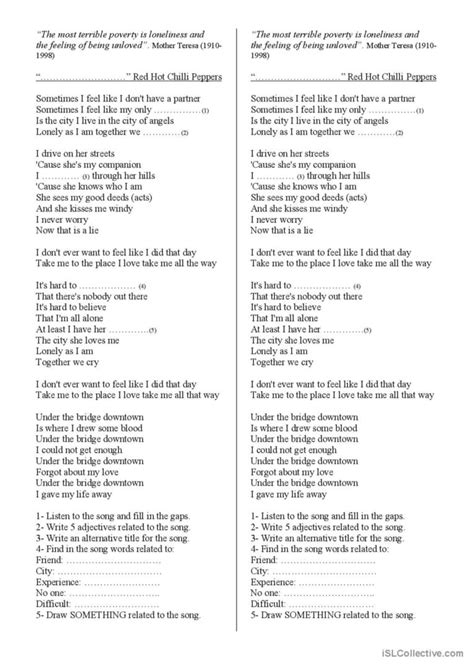 Under The Bridge By The Red Hot Chil English ESL Worksheets Pdf Doc