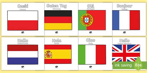 Hello In Multiple Languages Flag Posters