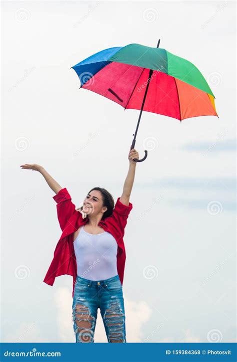 Pretty Woman With Colorful Umbrella Rainbow Umbrella Rainy Weather