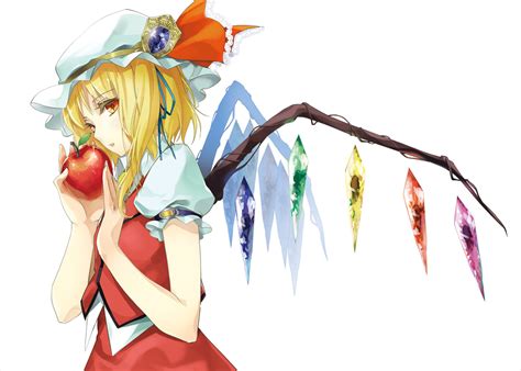 Apple Blonde Hair Flandre Scarlet Food Fruit Hat Orange Eyes Touhou Tsurukame Vampire White
