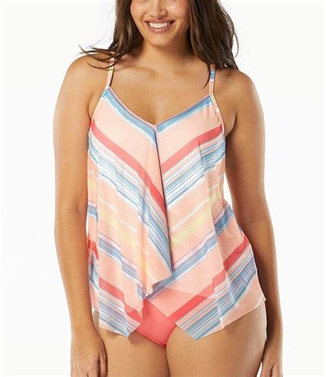 Beach House Parade Striped Print Kerry Mesh Layered V Neck Underwire Tankini Swim Top Dillards